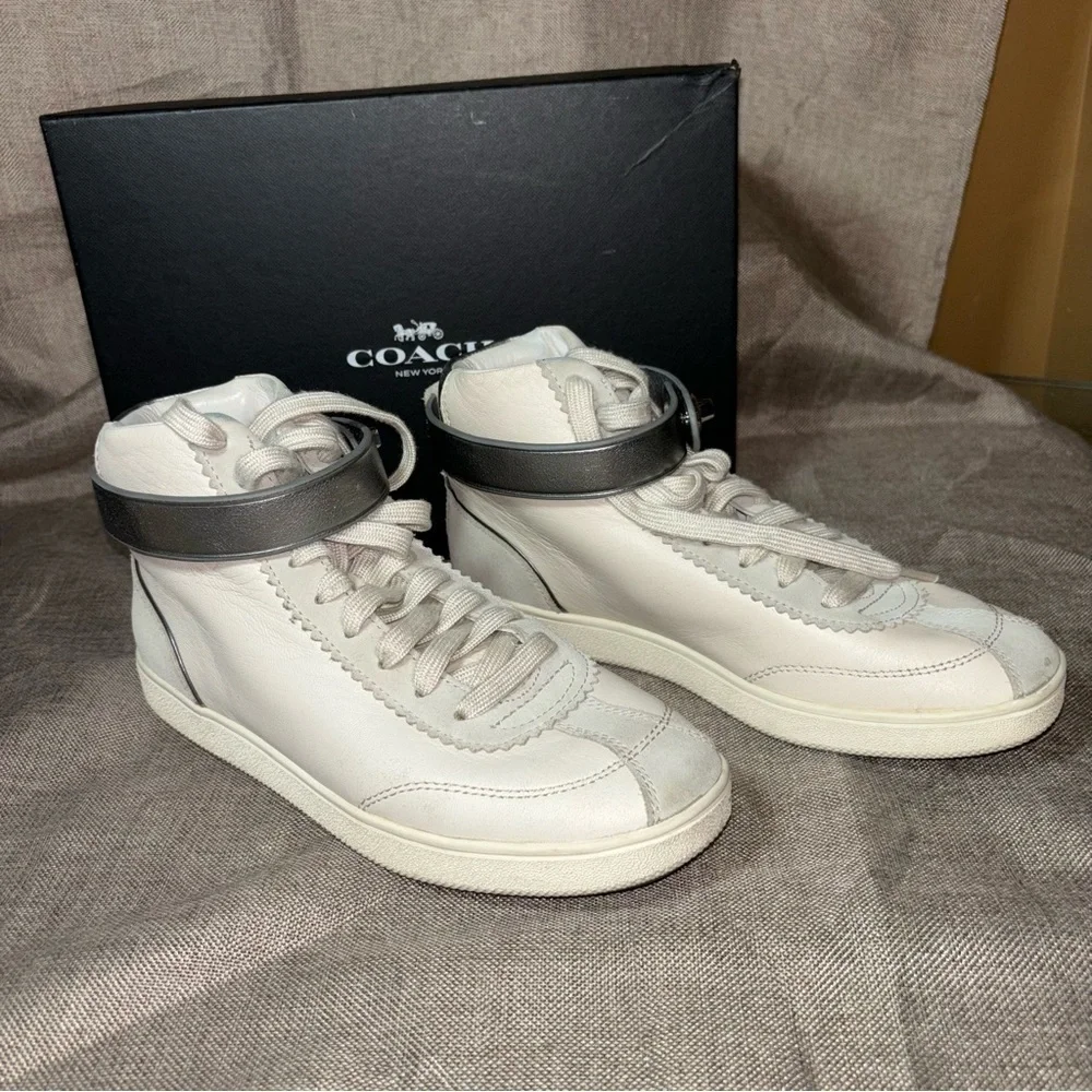 COACH® Sheep Nappa Suede High Top Sneakers White Metallic Silver C213 Size 7.5